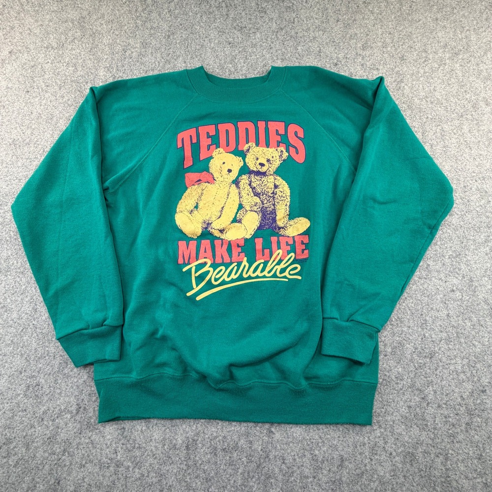 Vintage Hanes Activewear Teddies Make Life Bearable Green Sweatshirt Large USA